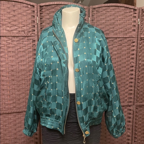 Vintage Mureli silk bomber jacket in green with gold details. - Picture 12 of 14